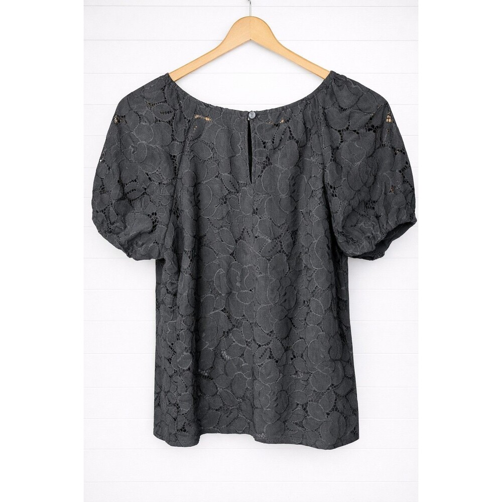 Monteau Los Angelos Black Lace Puff Short Sleeve Blouse M - Picture 2 of 7